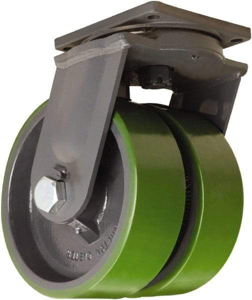Hamilton - 12" Diam x 3" Wide x 15-1/2" OAH Top Plate Mount Dual Swivel Caster - Polyurethane Mold onto Cast Iron Center, 7,000 Lb Capacity, Straight Roller Bearing, 8-1/2 x 8-1/2" Plate - Eagle Tool & Supply