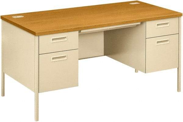 Hon - Laminate Top & Metal Base Double Pedestal Desk with Center Drawer - 60" Wide x 30" Deep x 29-1/2" High, Harvest/Putty - Eagle Tool & Supply