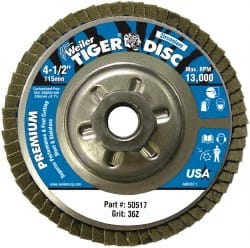 Weiler - 4-1/2" 36 Grit 5/8-11 Center Hole Type 29 Zirconia Alumina Flap Disc - Eagle Tool & Supply