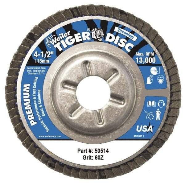Weiler - 60 Grit, 4-1/2" Disc Diam, 5/8-11 Center Hole, Type 29 Zirconia Alumina Flap Disc - 13,000 Max RPM, Aluminum Backing, Coated - Eagle Tool & Supply