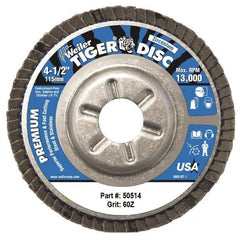 Weiler - 60 Grit, 4-1/2" Disc Diam, 5/8-11 Center Hole, Type 29 Zirconia Alumina Flap Disc - 13,000 Max RPM, Aluminum Backing, Coated - Eagle Tool & Supply