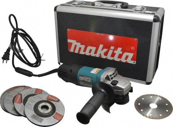 Makita - 4-1/2" Wheel Diam, 10,000 RPM, Corded Angle & Disc Grinder - 5/8-11 Spindle, 120 Volts, 7.5 Amps - Eagle Tool & Supply