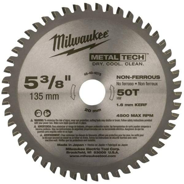 Milwaukee Tool - 5-3/8" Diam, 20mm Arbor Hole Diam, 50 Tooth Wet & Dry Cut Saw Blade - Carbide-Tipped, Standard Round Arbor - Eagle Tool & Supply