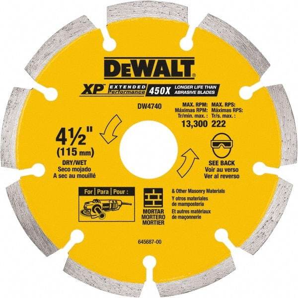 DeWALT - 4-1/2" Diam, 7/8" Arbor Hole Diam, Wet & Dry Cut Saw Blade - Diamond-Tipped, Standard Round Arbor - Eagle Tool & Supply