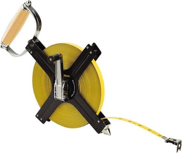 Komelon - 300' x 1/2" Yellow Steel Blade Tape Measure - 1/8" Graduation, Black Metal Case - Eagle Tool & Supply