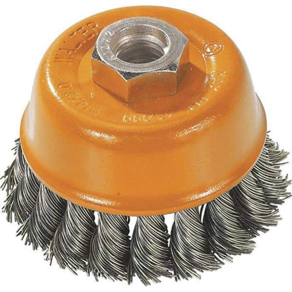 WALTER Surface Technologies - 3" Diam, 5/8-11 Threaded Arbor, Steel Fill Cup Brush - 0.02 Wire Diam, 12,000 Max RPM - Eagle Tool & Supply
