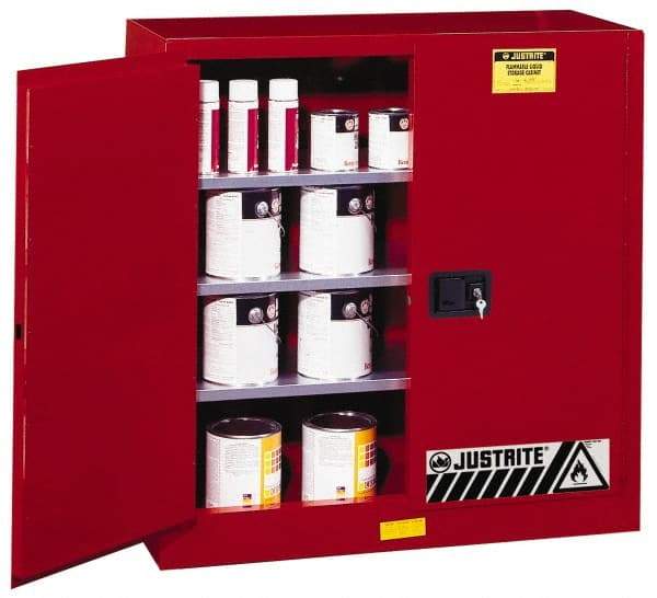 Justrite - 2 Door, 3 Shelf, Red Steel Standard Safety Cabinet for Flammable and Combustible Liquids - 44" High x 43" Wide x 18" Deep, Manual Closing Door, 3 Point Key Lock, 40 Gal Capacity - Eagle Tool & Supply