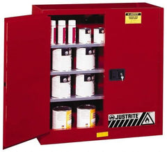 Justrite - 2 Door, 3 Shelf, Red Steel Standard Safety Cabinet for Flammable and Combustible Liquids - 44" High x 43" Wide x 18" Deep, Manual Closing Door, 3 Point Key Lock, 40 Gal Capacity - Eagle Tool & Supply