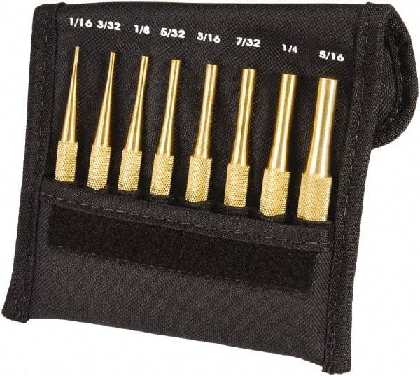 Starrett - 8 Piece, 1/16 to 5/16", Pin Punch Set - Round Shank, Brass, Comes in Pouch - Eagle Tool & Supply