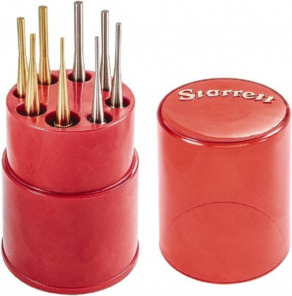 Starrett - 8 Piece, 1/16 to 5/32", Pin Punch Set - Round Shank, Brass & Steel, Comes in Plastic Tube - Eagle Tool & Supply