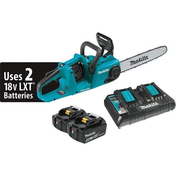 Makita - 18 Volt, 3940 Ft/min, Battery Powered Chainsaw - 14" Guide Bar Length, 3/8" Chain Pitch, 0.043 Chain Gauge - Eagle Tool & Supply