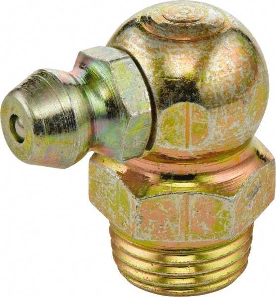 Umeta - 90° Head Angle, 1/4-19 BSPT Brass Standard Grease Fitting - 14mm Hex, 22mm Overall Height, 6.5mm Shank Length - Eagle Tool & Supply