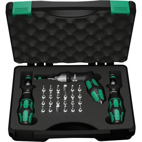 Wera - 28 Piece, 2-1/2 to 55 In/Lb, Ergo Cushion Grip Driver Adjustable Torque Limiting Screwdriver Kit - 1/4" Drive - Eagle Tool & Supply