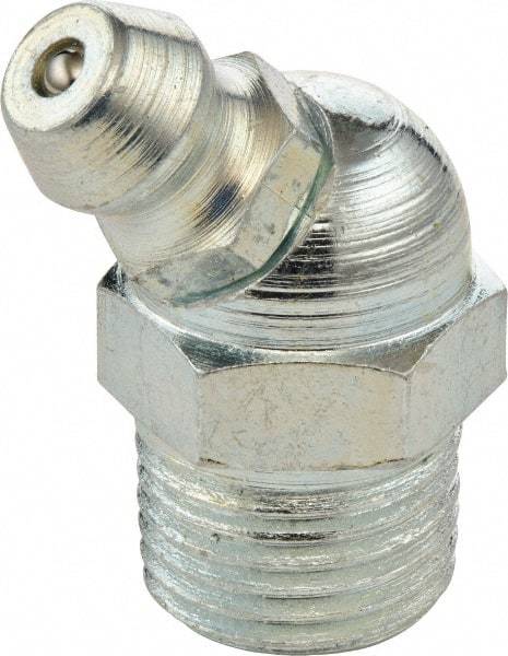 Umeta - 45° Head Angle, 3/8-18 PTF Steel Standard Grease Fitting - 17mm Hex, 25.5mm Overall Height, 7mm Shank Length, Zinc Plated Finish - Eagle Tool & Supply