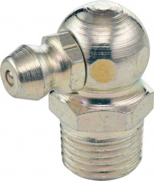 Umeta - 90° Head Angle, 1/4-18 PTF Steel Standard Grease Fitting - 14mm Hex, 22mm Overall Height, 6.5mm Shank Length, Zinc Plated Finish - Eagle Tool & Supply