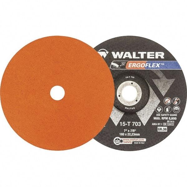 WALTER Surface Technologies - 36 Grit, 5" Disc Diam, 7/8" Center Hole, Type 29 Ceramic Flap Disc - 12,200 Max RPM, Fiber Backing, Arbor Attaching System, Coated - Eagle Tool & Supply