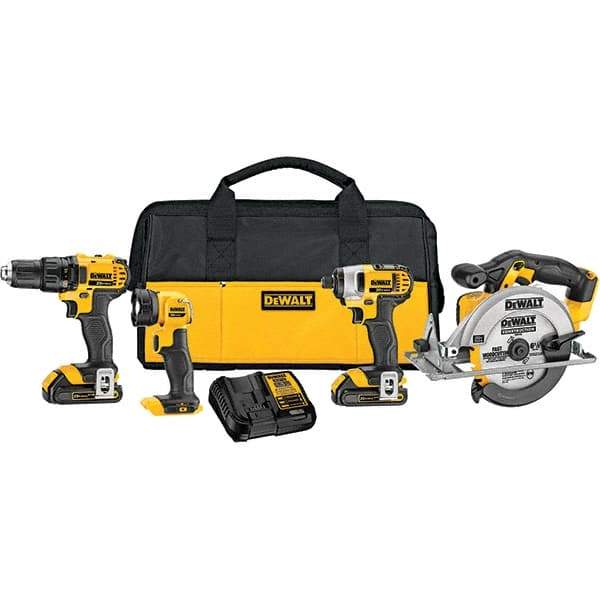 DeWALT - 20 Volt Cordless Tool Combination Kit - Includes 1/2" Drill/Driver, 1/4" Compact Impact Driver, 6-1/2" Circular Saw & Handheld Light, Lithium-Ion Battery Included - Eagle Tool & Supply