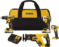 DeWALT - 20 Volt Cordless Tool Combination Kit - Includes 1/2" Drill/Driver, 1/4" Impact Driver, Reciprocating Saw & LED Worklight, Lithium-Ion Battery Included - Eagle Tool & Supply