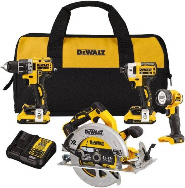 DeWALT - 20 Volt Cordless Tool Combination Kit - Includes 1/2" Drill/Driver, 1/4" Impact Driver, 7-1/4 Circular Saw & LED Worklight, Lithium-Ion Battery Included - Eagle Tool & Supply