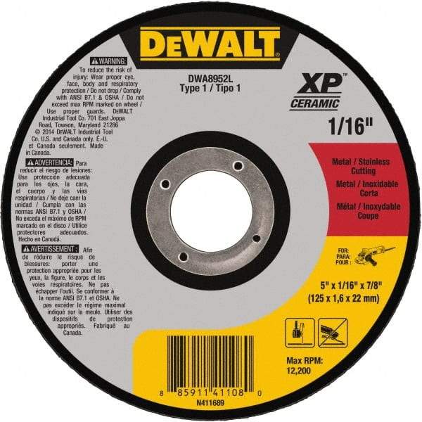 DeWALT - 5" Ceramic Cutoff Wheel - 0.04" Thick, 7/8" Arbor, 12,200 Max RPM, Use with Angle Grinders - Eagle Tool & Supply