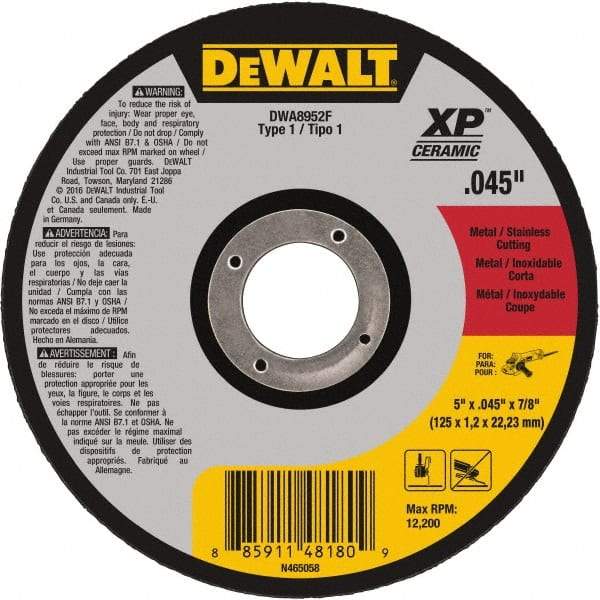 DeWALT - 5" Ceramic Cutoff Wheel - 0.045" Thick, 7/8" Arbor, 12,200 Max RPM, Use with Angle Grinders - Eagle Tool & Supply