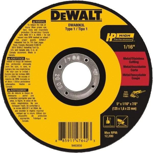 DeWALT - 5" Aluminum Oxide Cutoff Wheel - 0.04" Thick, 7/8" Arbor, 12,200 Max RPM, Use with Angle Grinders - Eagle Tool & Supply