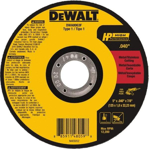 DeWALT - 5" Aluminum Oxide Cutoff Wheel - 0.04" Thick, 7/8" Arbor, 12,200 Max RPM, Use with Angle Grinders - Eagle Tool & Supply