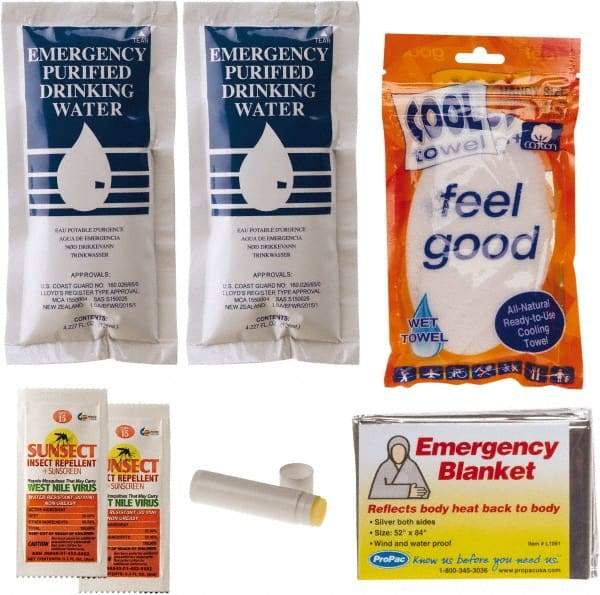 PRO-SAFE - Emergency Preparedness Kits Type: Cool Down Emergency Kit Contents: (2) Emergency Drinking Water Packets; (2) Sunscreen + Insect Repellant Cream; Cooling Towel; Emergency Mylar Blanket; Lip Balm - Eagle Tool & Supply