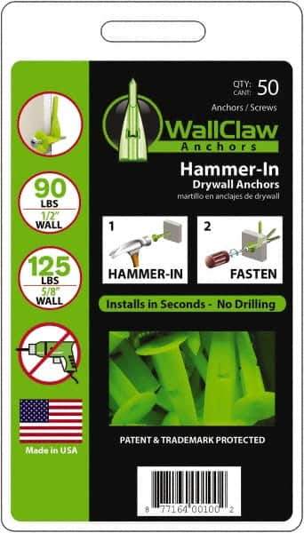 WallClaw Anchors - #8 Screw, 1/2" Diam, 2" Long, 1/4" Thick, Hammer-In Drywall & Hollow Wall Anchor - Nylon, Use with Drywall & Hollow Wall - Eagle Tool & Supply