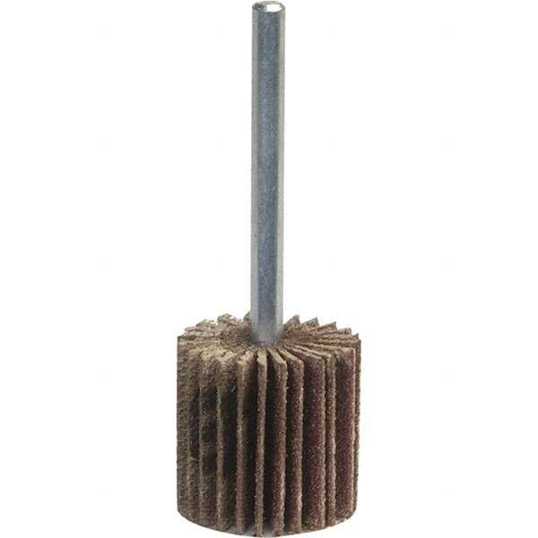 Norton - 1-1/2" Diam x 1-1/2" Face Width, Medium Aluminum Oxide Coated Mounted Flap Wheel - 1/4" Shank Mount, 120 Grit, Y Weighted Cloth Backing, 25,000 Max RPM - Eagle Tool & Supply