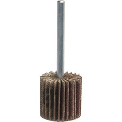 Norton - 1-1/2" Diam x 1-1/2" Face Width, Medium Aluminum Oxide Coated Mounted Flap Wheel - 1/4" Shank Mount, 120 Grit, Y Weighted Cloth Backing, 25,000 Max RPM - Eagle Tool & Supply