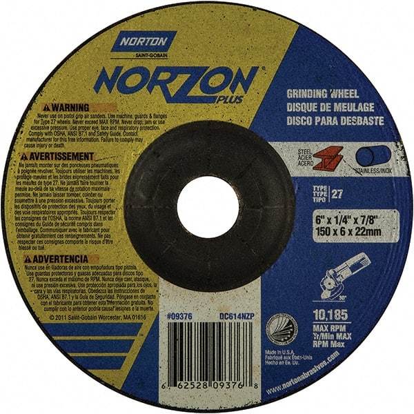 Norton - 20 Grit, 6" Wheel Diam, 1/4" Wheel Thickness, 7/8" Arbor Hole, Type 27 Depressed Center Wheel - Extra Coarse Grade, Ceramic, 10,185 Max RPM - Eagle Tool & Supply