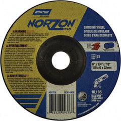 Norton - 20 Grit, 6" Wheel Diam, 1/4" Wheel Thickness, 7/8" Arbor Hole, Type 27 Depressed Center Wheel - Extra Coarse Grade, Ceramic, 10,185 Max RPM - Eagle Tool & Supply