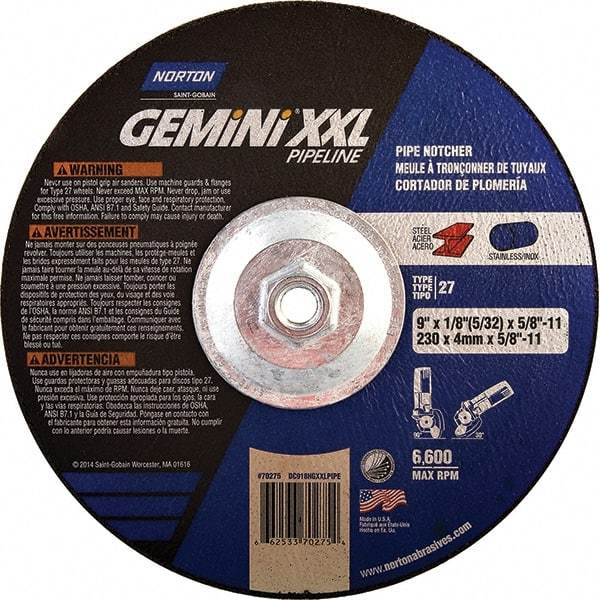 Norton - 30 Grit, 9" Wheel Diam, 1/8" Wheel Thickness, Type 27 Depressed Center Wheel - Extra Coarse Grade, Aluminum Oxide, 6,600 Max RPM - Eagle Tool & Supply