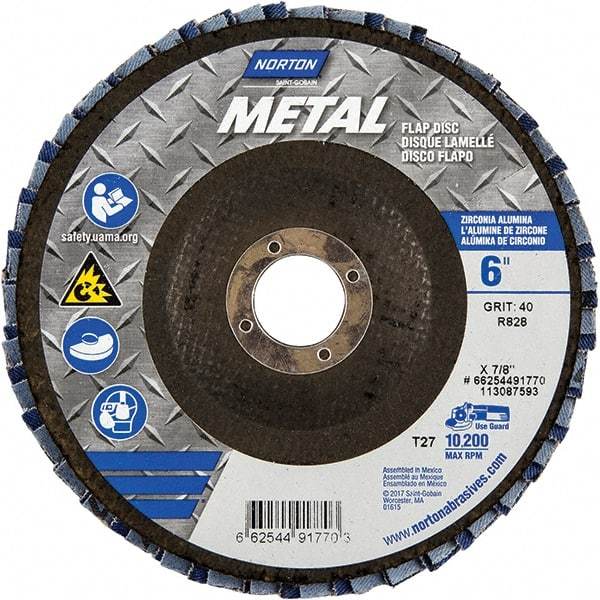 Norton - 40 Grit, 6" Disc Diam, 7/8" Center Hole, Type 27 Zirconia Alumina Flap Disc - 10,200 Max RPM, Fiberglass Backing, Arbor Attaching System, Coated - Eagle Tool & Supply