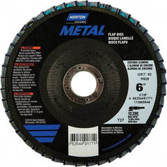 Norton - 60 Grit, 6" Disc Diam, 7/8" Center Hole, Type 27 Zirconia Alumina Flap Disc - 10,200 Max RPM, Fiberglass Backing, Arbor Attaching System, Coated - Eagle Tool & Supply