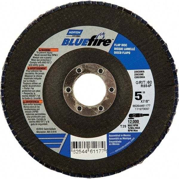 Norton - 24 Grit, 5" Disc Diam, 7/8" Center Hole, Type 29 Zirconia Alumina Flap Disc - 12,000 Max RPM, Fiberglass Backing, Arbor Attaching System, Coated - Eagle Tool & Supply