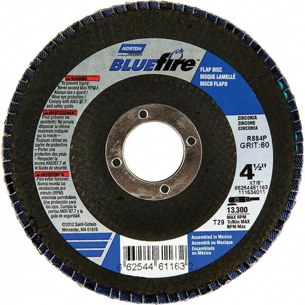 Norton - 24 Grit, 4-1/2" Disc Diam, 7/8" Center Hole, Type 29 Zirconia Alumina Flap Disc - 13,300 Max RPM, Fiberglass Backing, Arbor Attaching System, Coated - Eagle Tool & Supply
