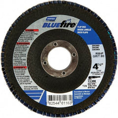 Norton - 24 Grit, 4-1/2" Disc Diam, 7/8" Center Hole, Type 29 Zirconia Alumina Flap Disc - 13,300 Max RPM, Fiberglass Backing, Arbor Attaching System, Coated - Eagle Tool & Supply