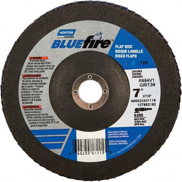Norton - 24 Grit, 7" Disc Diam, 7/8" Center Hole, Type 29 Zirconia Alumina Flap Disc - 8,600 Max RPM, Fiberglass Backing, Arbor Attaching System, Coated - Eagle Tool & Supply