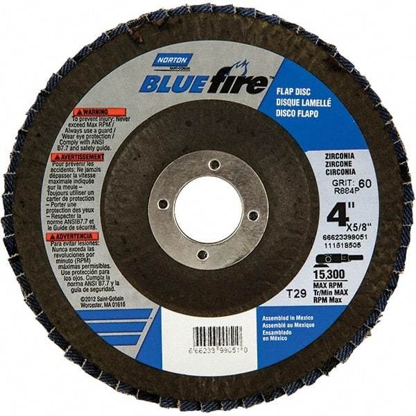 Norton - 80 Grit, 4" Disc Diam, 5/8" Center Hole, Type 29 Zirconia Alumina Flap Disc - 15,300 Max RPM, Fiberglass Backing, Arbor Attaching System, Coated - Eagle Tool & Supply