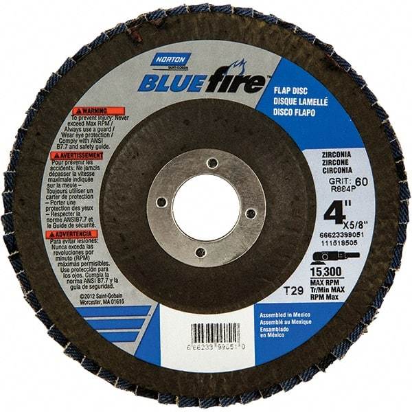 Norton - 60 Grit, 4" Disc Diam, 5/8" Center Hole, Type 29 Zirconia Alumina Flap Disc - 15,300 Max RPM, Fiberglass Backing, Arbor Attaching System, Coated - Eagle Tool & Supply