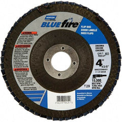 Norton - 40 Grit, 4" Disc Diam, 5/8" Center Hole, Type 29 Zirconia Alumina Flap Disc - 15,300 Max RPM, Fiberglass Backing, Arbor Attaching System, Coated - Eagle Tool & Supply