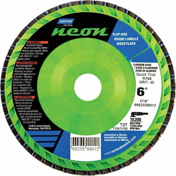 Norton - 40 Grit, 6" Disc Diam, 7/8" Center Hole, Type 27 Zirconia Alumina Flap Disc - 10,200 Max RPM, Polyester Backing, Arbor Attaching System, Coated - Eagle Tool & Supply