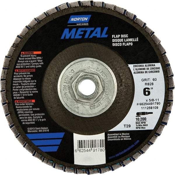 Norton - 60 Grit, 6" Disc Diam, 5/8-11 Center Hole, Type 29 Zirconia Alumina Flap Disc - 10,200 Max RPM, Fiberglass Backing, Arbor Attaching System, Coated - Eagle Tool & Supply