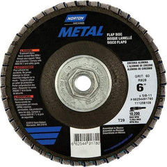 Norton - 60 Grit, 6" Disc Diam, 5/8-11 Center Hole, Type 29 Zirconia Alumina Flap Disc - 10,200 Max RPM, Fiberglass Backing, Arbor Attaching System, Coated - Eagle Tool & Supply