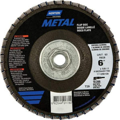 Norton - 40 Grit, 6" Disc Diam, 5/8-11 Center Hole, Type 29 Zirconia Alumina Flap Disc - 10,200 Max RPM, Fiberglass Backing, Arbor Attaching System, Coated - Eagle Tool & Supply