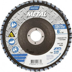 Norton - 80 Grit, 6" Disc Diam, 7/8" Center Hole, Type 29 Zirconia Alumina Flap Disc - 10,200 Max RPM, Fiberglass Backing, Arbor Attaching System, Coated - Eagle Tool & Supply