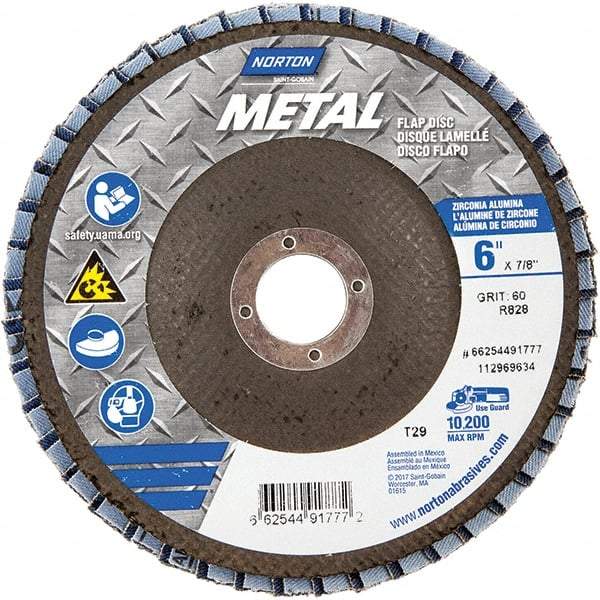Norton - 60 Grit, 6" Disc Diam, 7/8" Center Hole, Type 29 Zirconia Alumina Flap Disc - 10,200 Max RPM, Fiberglass Backing, Arbor Attaching System, Coated - Eagle Tool & Supply