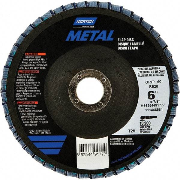 Norton - 40 Grit, 6" Disc Diam, 7/8" Center Hole, Type 29 Zirconia Alumina Flap Disc - 10,200 Max RPM, Fiberglass Backing, Arbor Attaching System, Coated - Eagle Tool & Supply